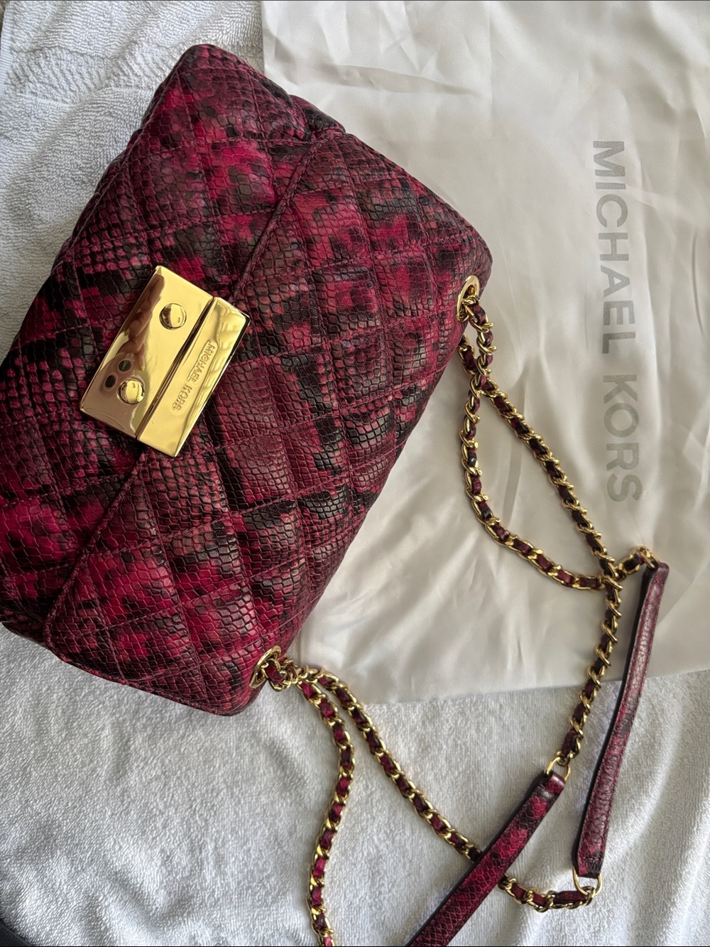 Michael Kors Fuchsia Quilted Python-Print Chain Shoulder Bag